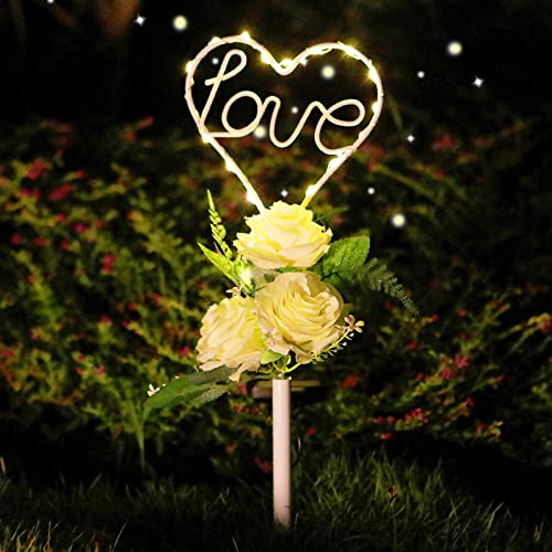 16 Inch Solar Heart Garden Stake Lights with 3 Artificial Flowers Metal Garden Art for Patio Lawn Garden Decor Solar Outdoor Love Sign for Gravesites Memorial and Ideal Gifts for Loved Ones - color: Heart shaped, 1 pack
