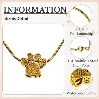 Paw Print Heart Pet Ashes Urn Necklace, Keepsake Pendant-A-Gold - style: A-Gold