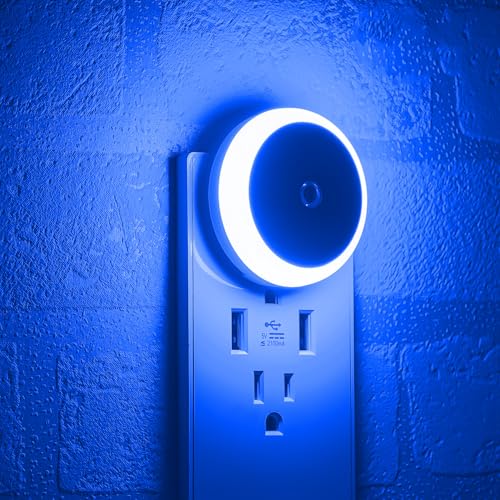 Blue LED Night Light, Plug in, Dusk to Dawn Smart Sensor, Small Round Nightlight, Energy Saving, Night light Plug into Wall for Bathroom, Kitchen, Bedroom, Hallway, Stairway, Travel, 2 Pack - color: Blue