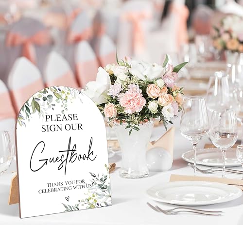 Greenery Please Sign Our Guestbook Sign, Wedding Ceremony Signs, 6 x 8 Inch Arch Wooden Tabletop Sign with Stand, Wedding Reception Decoration Supplies (PZ02) - color: Please Sign Our Guestbook