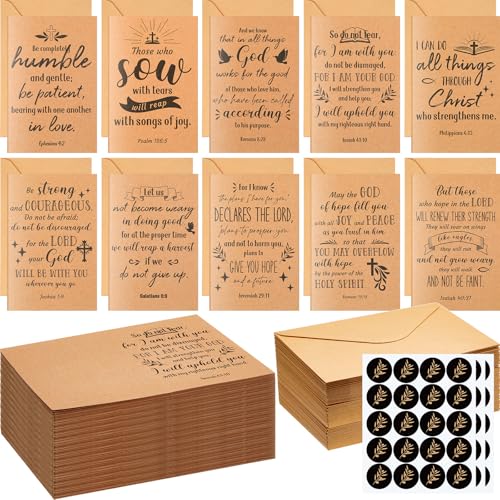 100 Sets Bible Verse Cards, with Envelopes Stickers, Kraft | Christian Greeting Cards, Religious Encouragement Note Scripture Inspirational for Baptism, Birthday, Wedding, Friends Gifts - style: Kraft