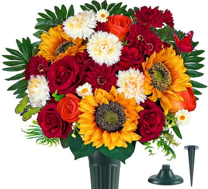 Artificial Cemetery Flowers,Memorial Flowers,Beautiful Arrangements for Headstones,Silk Sunflower Rose Berries Daisy