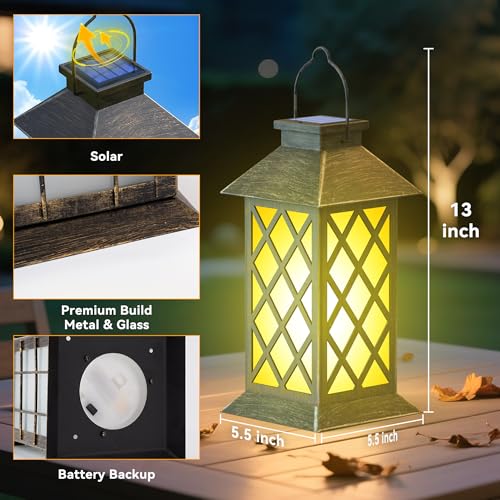2 Pack 13" Solar Lanterns Outdoor Waterproof Cross Pattern | 2 pack 13-inch waterproof metal glass lanterns with flickering flame for patio, garden, porch, pathway and gifts for mom - style: Bronze-Cross01