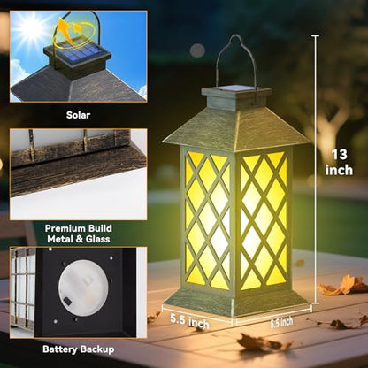 2 Pack 13" Solar Lanterns Outdoor Waterproof Cross Pattern | 2 pack 13-inch waterproof metal glass lanterns with flickering flame for patio, garden, porch, pathway and gifts for mom - style: Bronze-Cross01