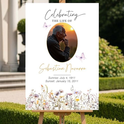 Personalized Celebration of Life Welcome Sign with Photo, Obituary Welcome Sign with Name and Date, Celebrating a Beautiful Life Butterfly Flower Tribute, Butterfly Flower Remembrance Decor, Custom Funeral Welcome Sign (Edition 6) - color: Edition 6