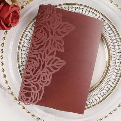 50pcs Tri Fold Wedding invitations Rose Hollow Laser Cut 5x7 '' Burgundy | Blank Wedding Invitation Cards with Envelopes and RSVP Card for Anniversary Engagement Bridal Shower Quinceanera Party Invite - color: Burgundy