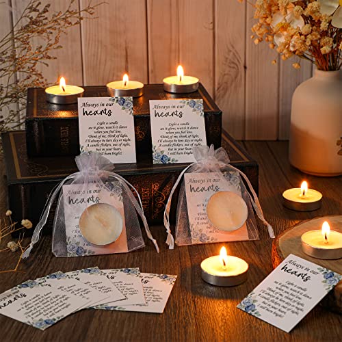 50 Set Funeral Party Favors Memorial White Candles Unscented Funeral Gifts Tealight Candles with Condolence Bereavement Cards and Organza Bags for Guest Celebration of Life Decorations (Elegant) - style: Elegant
