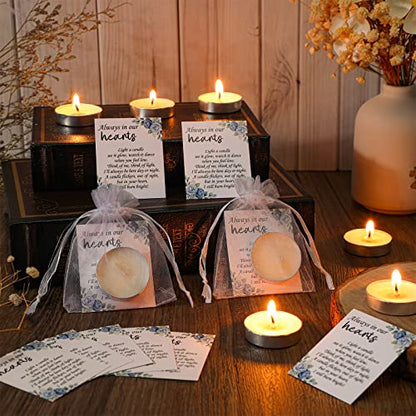 50 Set Funeral Party Favors Memorial White Candles Unscented Funeral Gifts Tealight Candles with Condolence Bereavement Cards and Organza Bags for Guest Celebration of Life Decorations (Elegant) - style: Elegant