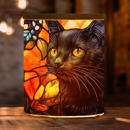 Stained Glass Black Cat Tea Light Candle Holder with Bamboo Lid, Animal Decorations Light Glass Tealight Holder, LED Candle Tealight Jar for Birthday,Wedding,Home Decor - color: Black Cat