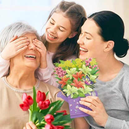 Pop Up Flower Bouquet Card, Paper Lily Bouquet Birthday Card | 3D Greeting Card for Wife, Mom, Grandma, Unique Get Well Soon & Thank You Card with Blank Notecard & Envelope - color: Lily Watering Can