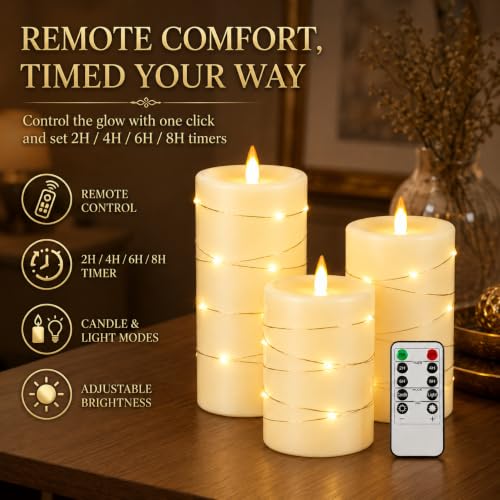 Upinmz Flickering Flameless Candles with Embedded String Lights, Battery Operated Candles with Remote Control and Timer,LED Candles for Home Decoration,Real Wax,3 Pack Ivory - size: Ivory-Wax-3 Pack