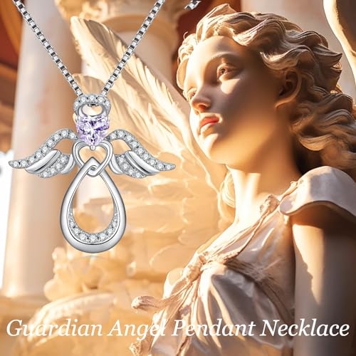 925 Sterling Silver Guardian Angel Pendant Necklace for Women with Birthstone Cubic Zirconia Little Angel Pendant Necklace Jewelry 18 inch Chain - color: 06-June-Alexandrite