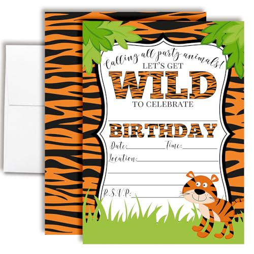 Tiger Birthday Party Invitations for a WILD time, 20 5x7 Fill In Cards with Twenty White Envelopes by AmandaCreation. - style: Tiger
