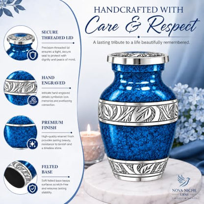 Small Urns for Human Ashes – Blue Keepsake Cremation Urns – Handcrafted Mini Urns for Ashes – Premium Aluminum – Holds 3 Cubic Inches of Ashes – Secure Threaded Lid – for Men & Women - size: Blue Small