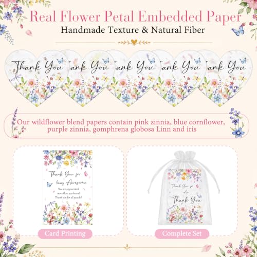 Crtiin 50 Sets Thank You Favors, Heart Shaped Wildflower Seed Paper with Thank You for Being Awesome Cards and Organza Bags, Appreciation Gifts for Teachers, Coworkers, Volunteers, Friends - style: Heart Shaped Thanks Theme