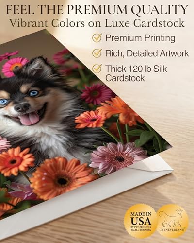 Pomsky with Flowers All Occasions Greeting Card - Dog with Flowers from Unique Dogs Party Delights Collection - Large 5x7 Inch - Blank Inside with A7 Invitation Style White Envelope | 5x7 Inch Card, Blank Inside, Premium Silk Cardstock, Made in USA by USA