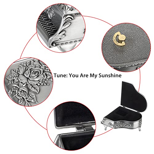 ELLDOO Vintage Piano Music Box, Silver Metal Wind Up Musical Jewelry Box Keepsake Box, Small Trinket Jewelry Storage Box Gift for Girl Women (Tune: You are My Sunshine)