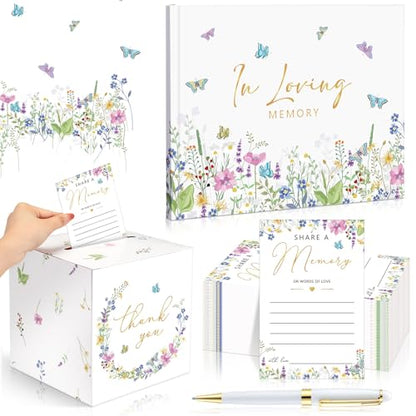 Engrowtic 54 Pcs Funeral Guest Book for Memorial Service Celebration of Life Guest Book in Loving Memory with 50 Memory Cards, Box, 2 Pens for Funeral Condolence Memorial Farewell Party Favor(Bright)