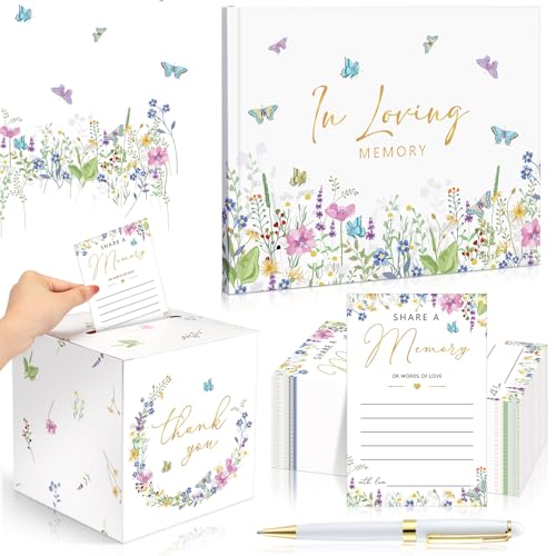 Engrowtic 54 Pcs Funeral Guest Book for Memorial Service Celebration of Life Guest Book in Loving Memory with 50 Memory Cards, Box, 2 Pens for Funeral Condolence Memorial Farewell Party Favor(Bright)