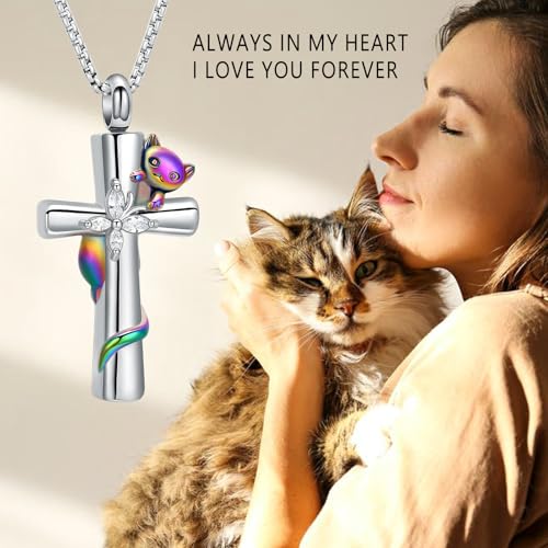Oinsi Cross Urn Necklace for Ashes for Men Women Cremation Jewelry Cat Memorial Pendant Ashes Keepsake Human Pet Ashes Holder - color: Customized