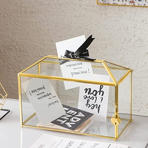Glass Wedding Card Box with Slot, 12.6 inch Large Clear Card Box Gold Brass Gift Card Storage Box with Lock for Wedding Receptions, Baby Shower, Birthday Party, Bridal Shower - color: 12.5 inch