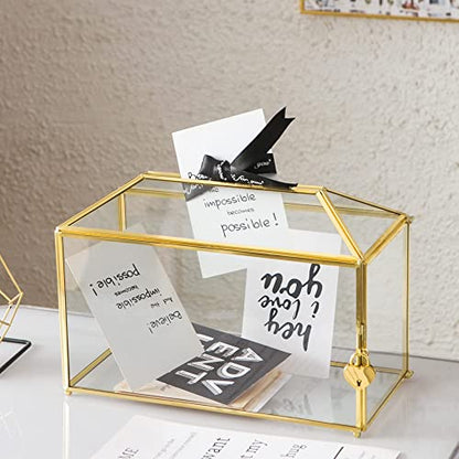 Glass Wedding Card Box with Slot, 12.6 inch Large Clear Card Box Gold Brass Gift Card Storage Box with Lock for Wedding Receptions, Baby Shower, Birthday Party, Bridal Shower - color: 12.5 inch