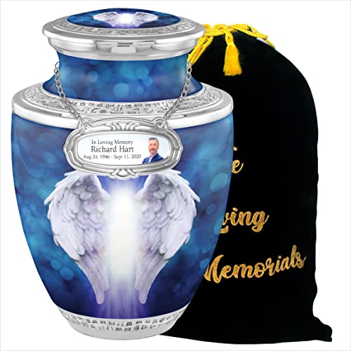 Personalized Medallion Heavenly Angel Wings Cremation Urns for Adult Ashes Male Female - 200lbs Burial Urns for Human Ashes - Handcrafted Funeral Decorative Urns for Ashes Adult Female with Velvet Bag - color: Heavenly Wings Free Personalized Medallion