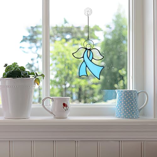 Angel Stained Glass Suncatcher for Window Blue Awareness Ribbon | Angel Stained Glass Suncatcher Blue Awareness Ribbon,Angel Stained Glass Window Hanging,Angels Gifts for Women Mom Grandma ﻿ - color: D