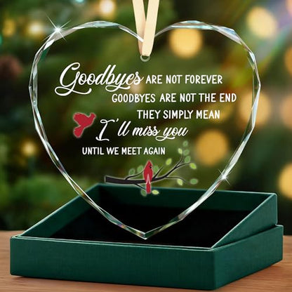Sympathy Gifts – Heart Glass Ornament for Memorial Gifts, Condolence, Bereavement, In Loving Memory Keepsake with Cardinal Bird Design for Loss of Mother Father Friend or Pet, Goodbyes Are Not Forever - style: Heart-Goodbyes Are