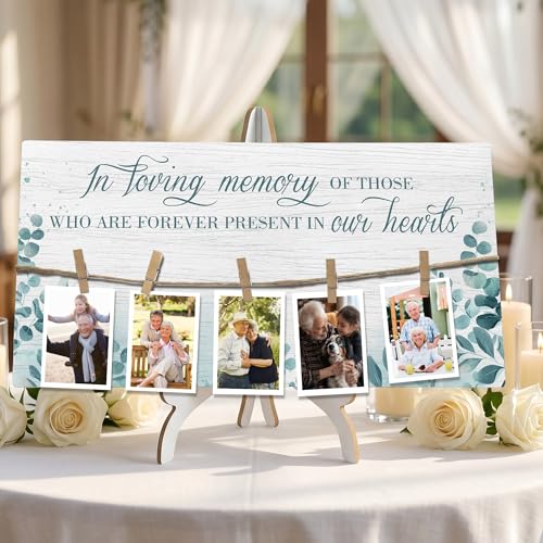 Rustic Wood Memory Table Sign 16 x 8 Inch, In Loving Memory Wedding Sign with Clips, Rustic Wedding Decor for Ceremony and Reception Wooden Memorial Picture Board to Honor Souls-A08 - color: white-Eucalyptus-1