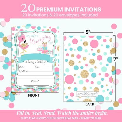 Flamazing Pink Aqua & Gold Glitter Polka Dot Flamingo Birthday Party Invitations for Girls, 20 5x7 Fill In Cards with Twenty White Envelopes by AmandaCreation - style: Flamazing Pink Aqua & Gold Glitte