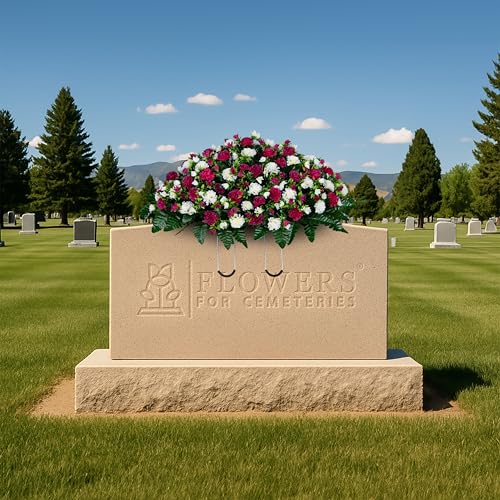 Artificial Cemetery Flowers - Gravesite Memorial Arrangment - Beauty & Cream Garden Mums - (1) Headstone Saddle - color: Beauty & Cream, size: (1) Saddle