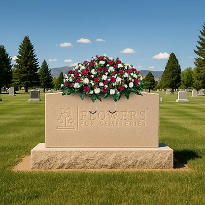 Artificial Cemetery Flowers - Gravesite Memorial Arrangment - Beauty & Cream Garden Mums - (1) Headstone Saddle - color: Beauty & Cream, size: (1) Saddle