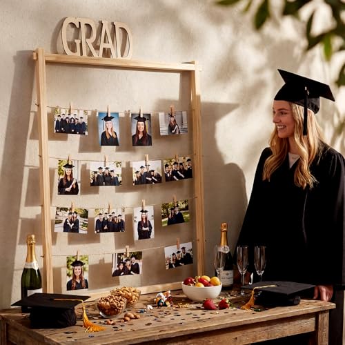 Cinnvoice Graduation Wooden Photo Display Board 30.4 x 26.5 Inch Grad Pictures Display Frame with 24 Clips Large Pictures Board for Graduation Party Hanging Photos Postcards Greeting Cards