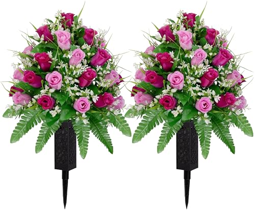 MOOMASS 2 Sets Artificial Cemetery Flowers, Purple and Pink Realistic Roses Bouquet, Outdoor Grave Decorations with Non-Bleed Colors, Accompanied by 2 Long Nail Vases (Purple+Pink) - color: Purple+pink
