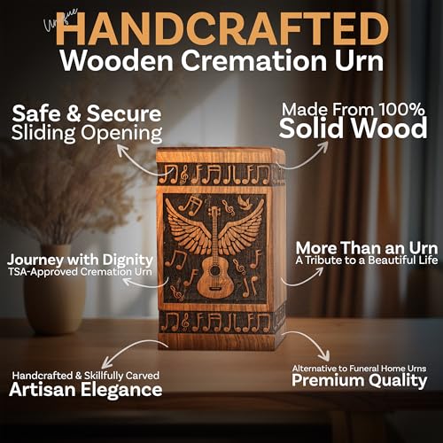 Guitar Wings Wooden Urn for Human Ashes, Medium 115 Cu in, Black - color: Antique Black, size: Medium (115 lbs)
