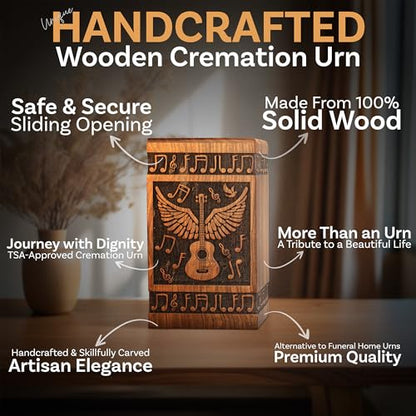 Guitar Wings Wooden Urn for Human Ashes, Medium 115 Cu in, Black - color: Antique Black, size: Medium (115 lbs)