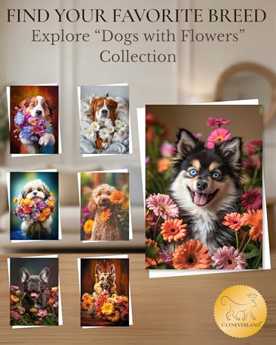 Pomsky with Flowers All Occasions Greeting Card - Dog with Flowers from Unique Dogs Party Delights Collection - Large 5x7 Inch - Blank Inside with A7 Invitation Style White Envelope | 5x7 Inch Card, Blank Inside, Premium Silk Cardstock, Made in USA by USA