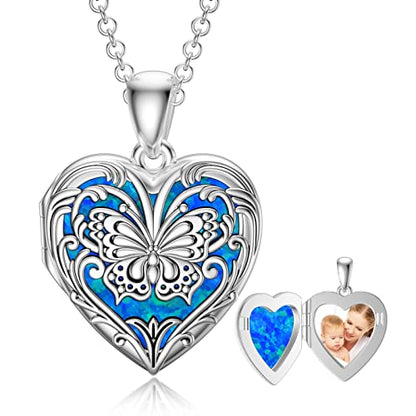 SOULMEET Personalized Silver Locket Necklace That Holds Pictures Photo Keep Someone Near to You, Memorial Custom Lockets Necklaces Letters Engraving for His Her - color: F3-Opal butterfly-Black, style: Locket+Custom Photo