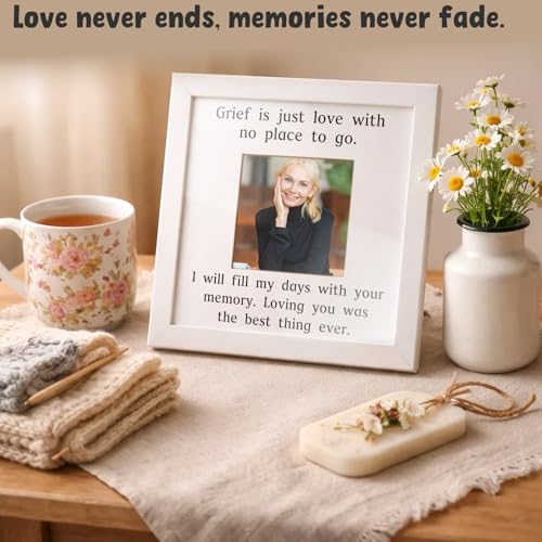 THYGIFTREE Memorial Picture Frame for Loss of Mom Gifts - Grief is Just Love With No Place To Go Sympathy Tribute - 9.5x9.5 Rustic Wood Photo Holder - Modern Bereavement Decor for Healing Friend