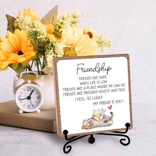Winnie Friend Gifts for Women Men, Friendship Quotes Decor Keepsake | Heartwarming Appreciation Gifts for Friends, Wooden Sign Iron with Stand Decorations for Home Office Desk Shelf - style: Friendship 02