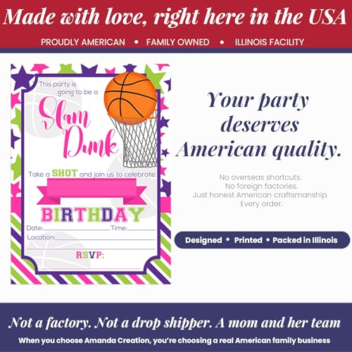 Amanda Creation Basketball Birthday Invitations Girls, 20 Pack 5x7 Basketball Invitations for Birthday Party Girl with White Envelopes, Pink Slam Dunk Theme - style: Slam Dunk Basketball Girl