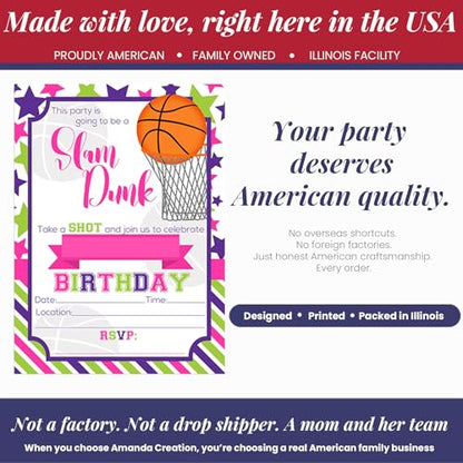 Amanda Creation Basketball Birthday Invitations Girls, 20 Pack 5x7 Basketball Invitations for Birthday Party Girl with White Envelopes, Pink Slam Dunk Theme - style: Slam Dunk Basketball Girl