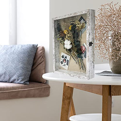 GraduatePro Shadow Box Frame 11x14 Display Case with Linen Back, Real Glass Window Door with Hinge, Picture Frame Wedding Bouquet Memorabilia Medals Photos Memory Box for Keepsakes, Rustic White | Hinged Front Open Door with Tempered Glass, Linen Back wit