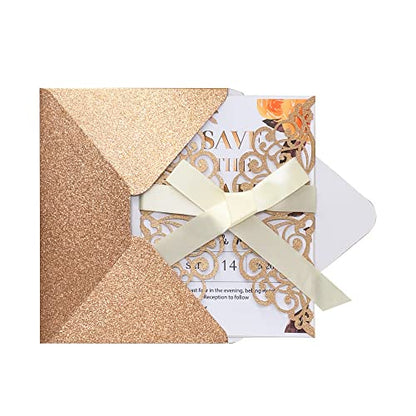 50Pcs Laser Cut Wedding Invitation With Glitter Envelopes And Ribbons Blank Personalized Card Invitaciones Para quinceañera Birthday Baby Shower Christmas Party Bridal Shower (Rose Gold) - color: Rose Gold
