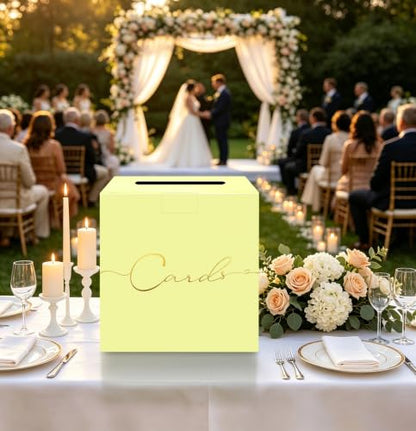HEIPINIUYE Yellow Wedding Card Box with Gold Foil 9.8" x 9.8" Yellow Large Gift Card Box for Party Wedding Reception Graduation Birthday Baby Shower Cardboard Raffle Envelope Box with Slot - color: Yellow Card Box with Gold Foil