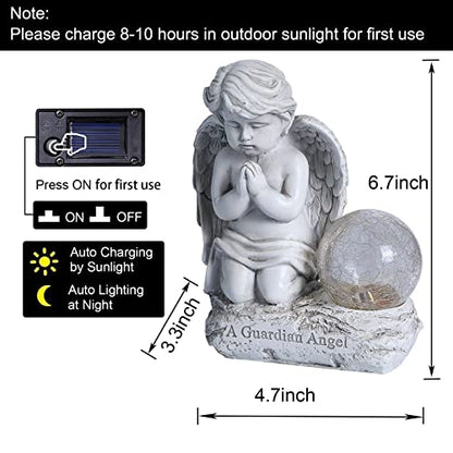 Angel Decor Praying Cherubs Statue, Garden Decor with Solar Crackle Glass Globe for Lawn Patio Decorations - style: Modern