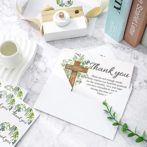 AnyDesign 48Pcs Funeral Thank You Cards Sympathy Thank You Cards with Stickers Envelopes Watercolor Greenery Cross Bereavement Card with Message for Memorial Service Loved Ones Celebration of Life