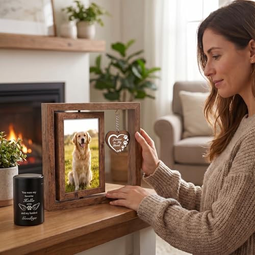 Memorial Gifts for Loss of Pet - Memorial Picture Frame and Small Urn Set - color: Rustic Brown