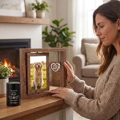 Memorial Gifts for Loss of Pet - Memorial Picture Frame and Small Urn Set - color: Rustic Brown